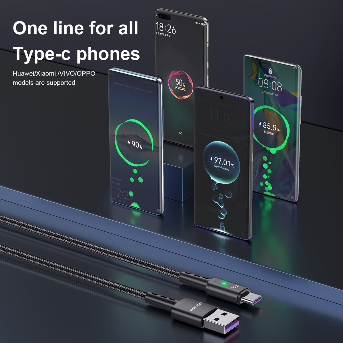 Cable de carga rápida USB-C trenzado de 2 m y 7 A para Android